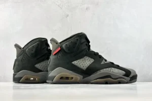 Nike Air Jordan 6 Retro black and grey colorway nubuck leather sneakers with red accents