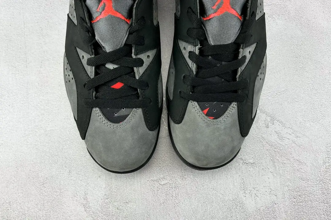 Air Jordan 6 Retro Cool Grey black red suede leather sneakers close-up top view