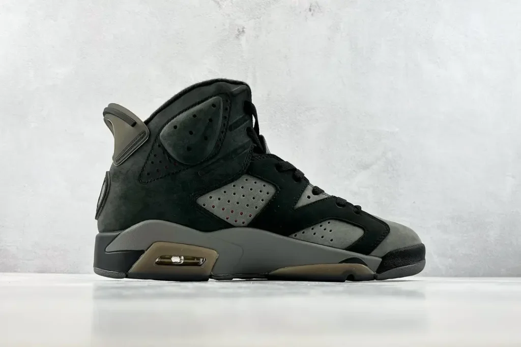 Nike Air Jordan 6 Retro Medium Olive black grey nubuck leather sneakers with visible air sole cushioning