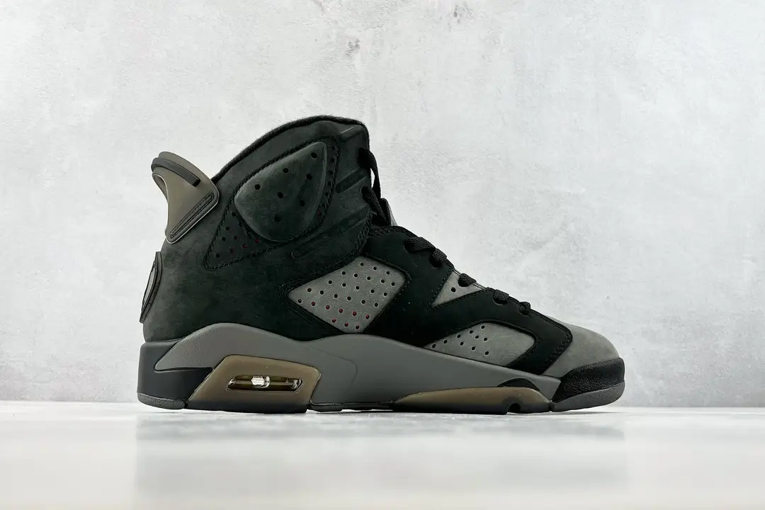 Nike Air Jordan 6 Retro Medium Olive black grey nubuck leather sneakers with visible air sole cushioning