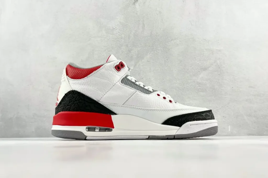 Nike Air Jordan 3 Retro Fire Red white red black leather sneakers with visible air unit and elephant print details