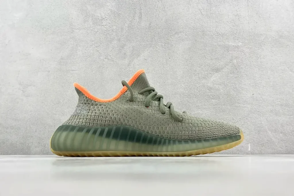 Adidas Yeezy Boost 350 V2 desert sage orange knit fabric sneakers with translucent ribbed sole