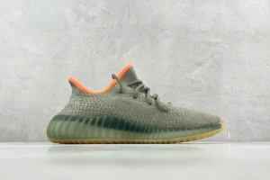 Adidas Yeezy Boost 350 V2 desert sage orange knit fabric sneakers with translucent ribbed sole