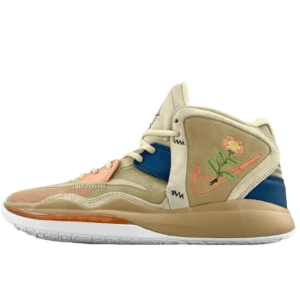 Nike Kyrie 8 Infinity EP sneakers featuring a beige upper with floral embroidery, blue accents, and a translucent sole, designed for basketball performance.