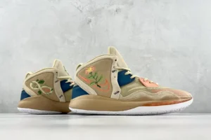 Nike Kyrie 8 Infinity EP sneakers showcasing a beige and blue colorway with floral embroidery details, designed for basketball performance and style.