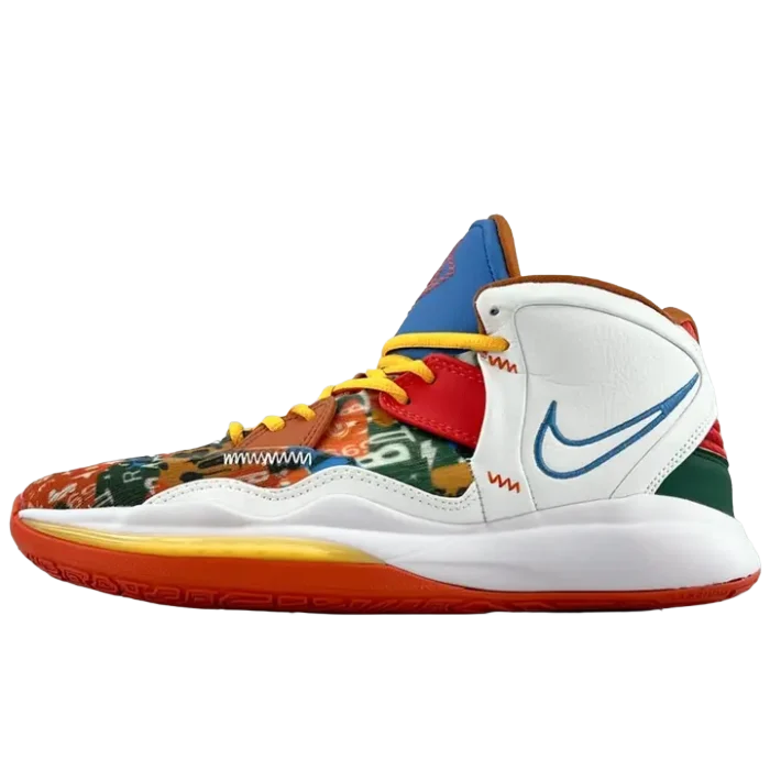 Nike KD 13 EP CQ6237-900 multicolor printed textile leather basketball shoe with blue swoosh and orange sole