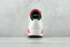 Nike Air Jordan 6 Retro white infrared black leather sneakers rear view on gray background