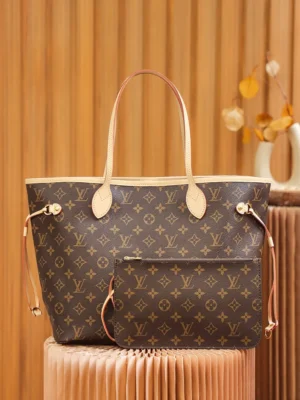 Louis Vuitton Neverfull MM M40995 monogram canvas tote bag brown natural leather trim