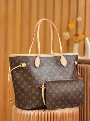 Louis Vuitton Neverfull MM M41358 monogram canvas tote bag brown leather trim with matching pouch