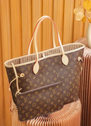 Louis Vuitton Neverfull MM M41180 monogram canvas tote bag brown leather trim cream handles