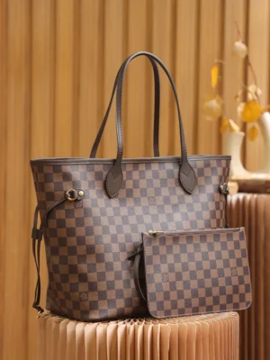 Louis Vuitton Neverfull MM N41358 Damier Ebene canvas tote bag brown leather trim