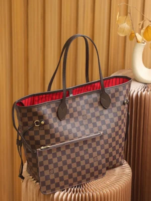 Louis Vuitton Neverfull MM N41358 Damier Ebene brown canvas tote bag with red textile lining and leather trim