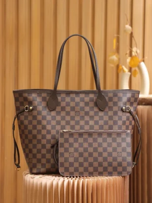 Louis Vuitton Neverfull MM N41603 Damier Ebene canvas tote bag brown leather trim with pouch