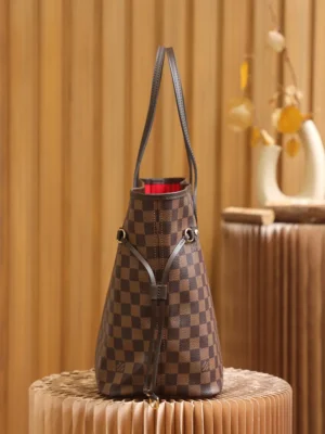 Louis Vuitton Neverfull MM N41358 Damier Ebene canvas tote bag brown leather trim red interior