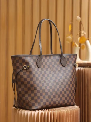 Louis Vuitton Neverfull MM N41400 Damier Ebene canvas tote bag brown leather trim