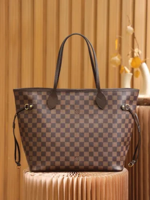 Louis Vuitton Neverfull MM N41358 Damier Ebene canvas tote bag brown leather trim
