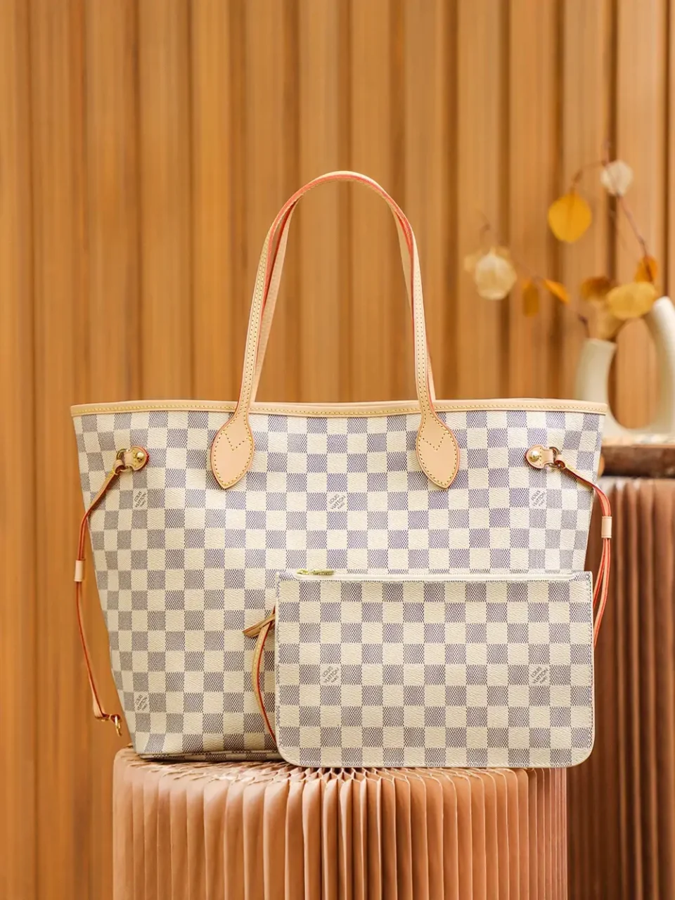 Louis Vuitton Neverfull MM DA4080 white checkered canvas tote bag beige leather trim with matching pouch