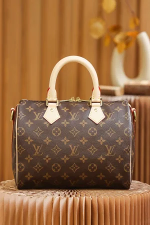 Louis Vuitton Speedy 25 M41109 monogram canvas handbag brown natural leather handles
