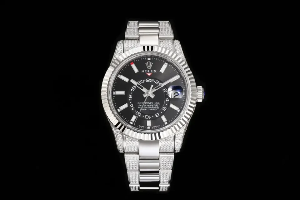 Rolex Sky-Dweller black dial fluted bezel stainless steel watch with diamond-set bracelet