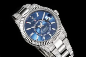 Rolex Sky-Dweller blue dial fluted bezel stainless steel watch with diamond-paved bracelet links