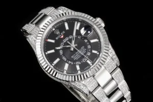 Rolex Sky-Dweller black dial fluted bezel stainless steel diamond-set watch