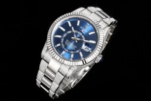 Rolex Sky Dweller blue dial fluted bezel stainless steel diamond watch