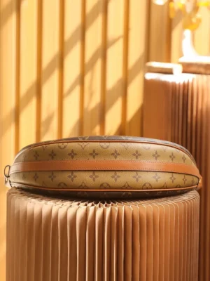 Montaigne BB Monogram canvas handbag displayed on a textured pedestal, showcasing its fashionable design and luxury brand details.