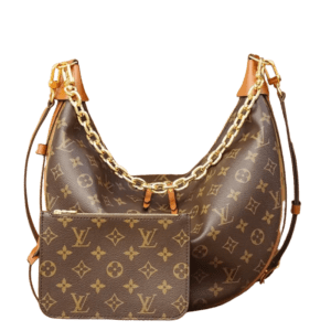 Montaigne BB Monogram canvas handbag featuring a crescent shape, gold chain accents, and a detachable pouch, representing luxury fashion by Louis Vuitton.