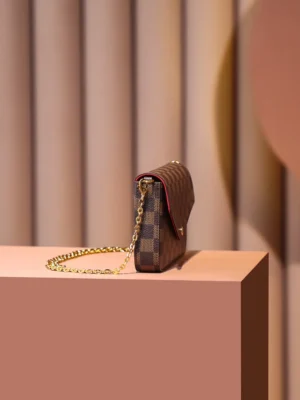 Louis Vuitton Favorite PM small handbag N41209 Damier Ebene canvas with gold chain and red leather trim