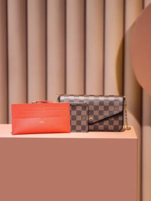 Louis Vuitton Eva Clutch PM N55216 Damier Ebene canvas brown leather chain bag with red cardholder and wallet set