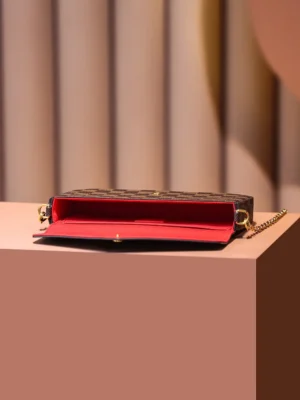 Louis Vuitton Pochette Accessoires PM N60214 Damier Ebene coated canvas clutch bag red leather interior gold chain