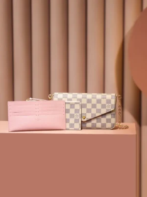 Louis Vuitton Favorite MM N60255 Damier Azur canvas chain bag with pink leather cardholder and compact wallet