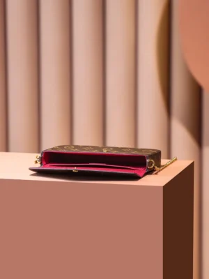 Louis Vuitton Pochette Felicie PM M61276 monogram canvas crossbody bag with red leather interior and gold chain