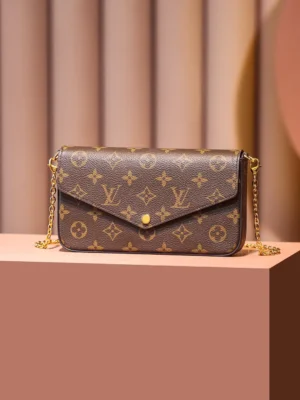 Louis Vuitton Pochette Felicie PM M61276 monogram canvas brown leather crossbody bag with gold chain