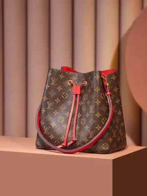 Louis Vuitton Neonoe MM M44814 brown monogram canvas red leather bucket bag with drawstring closure