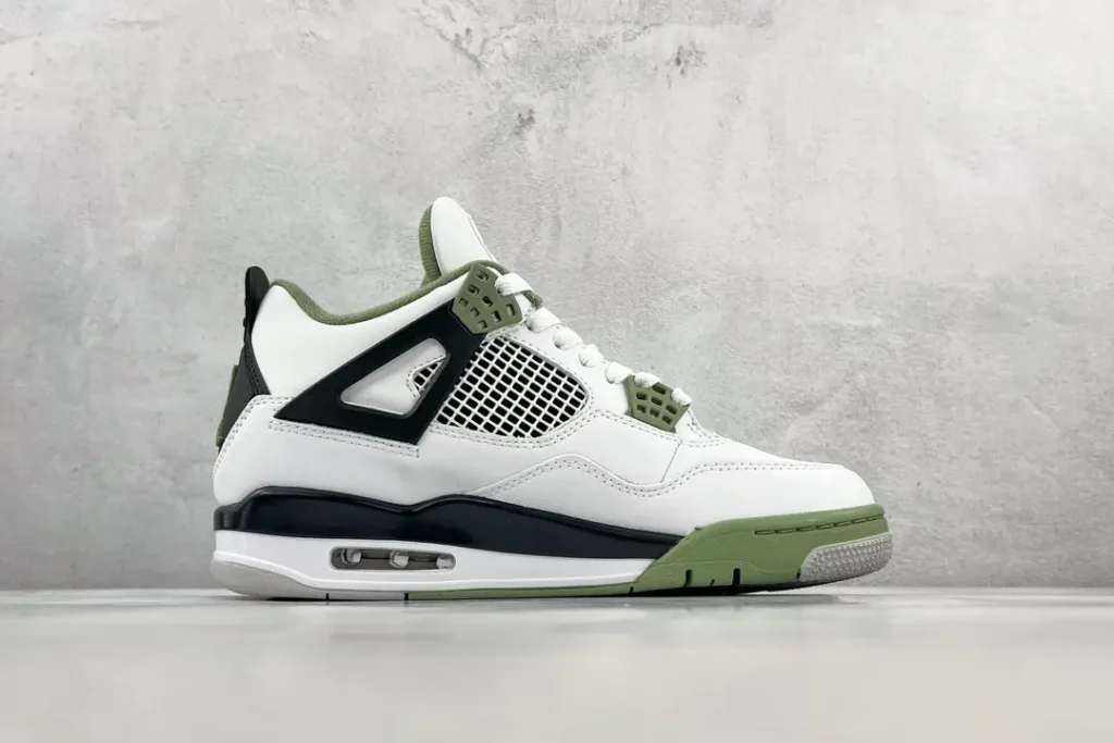 Nike Air Jordan 4 OG White Olive green black leather sneakers with mesh panels and visible Air unit sole