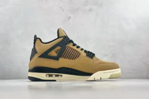 Air Jordan 4 Retro Wheat brown black leather sneakers with mesh panels and visible air sole unit
