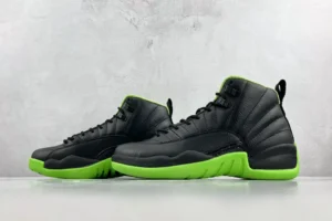 Air Jordan 12 Retro Black Volt black green leather sneakers with neon green sole