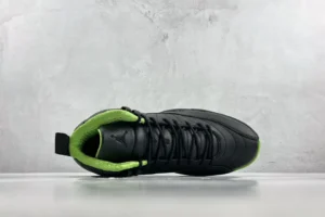Nike Air Jordan 12 Retro black electric green leather sneakers with quilted collar and lace-up design