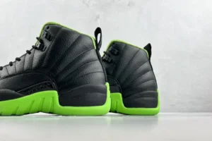 Air Jordan 12 Black Electric Green sneakers black leather with bright green sole and accents