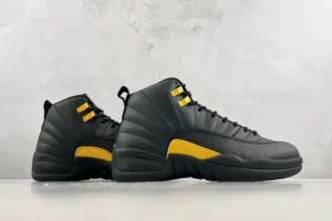 Nike Air Jordan 12 Taxi black yellow leather sneakers with tumbled leather and rubber sole