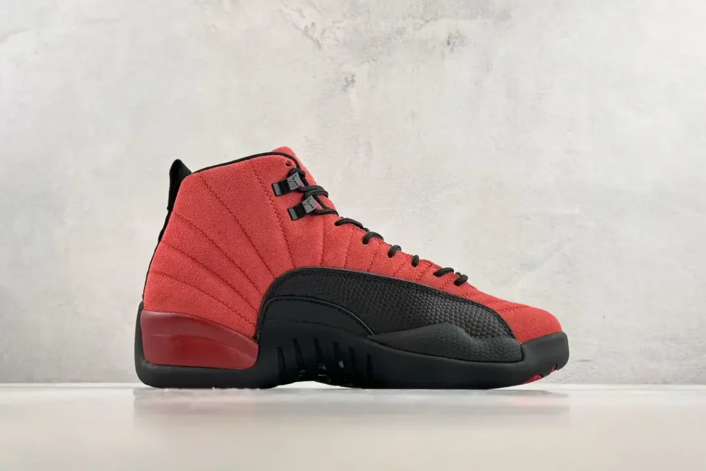 Air Jordan 12 Retro Varsity Red black suede leather sneakers with rubber sole