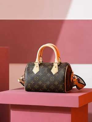 Louis Vuitton Speedy 20 M45399 monogram canvas handbag brown leather handles and detachable strap