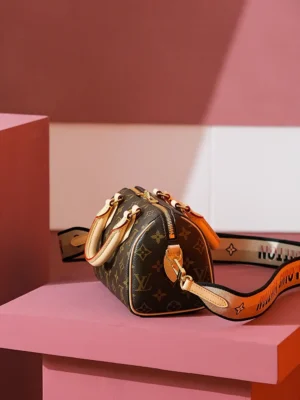 Louis Vuitton Speedy 20 B06375 monogram canvas mini bag brown leather trim with adjustable strap