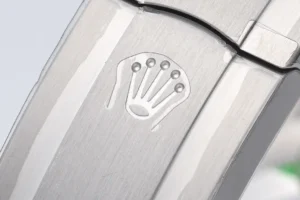 Rolex watch stainless steel bracelet clasp with engraved crown logo close-up detail