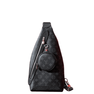 Duo Slingbag Taigarama in black monogram and Taiga leather, showcasing a sleek design with a side zipper and a round pouch, highlighting its luxury appeal and spaciousness.