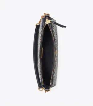 Tory Burch Old Flower Series underarm bag replica, showcasing woven jacquard fabric, adjustable diagonal straps, and interior view with zipper closure.