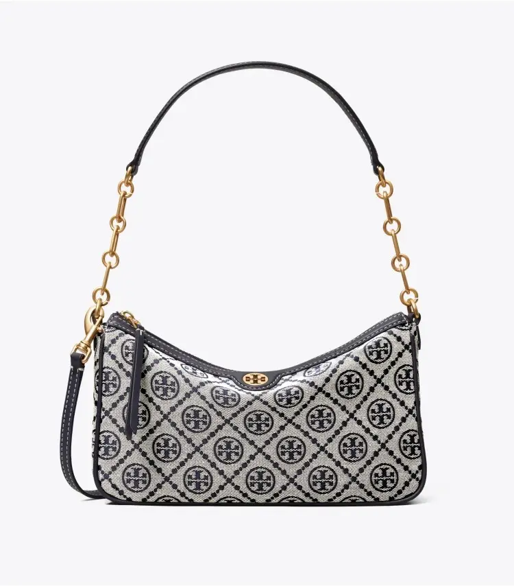 Tory Burch Gemini Link 18 small bag black and white jacquard canvas with leather and gold hardware