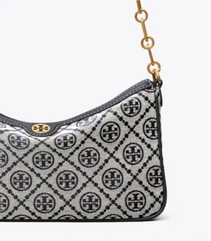 Tory Burch Old Flower Series underarm bag replica featuring woven jacquard fabric, adjustable chain strap, and iconic logo pattern, ideal for shoulder or crossbody wear.