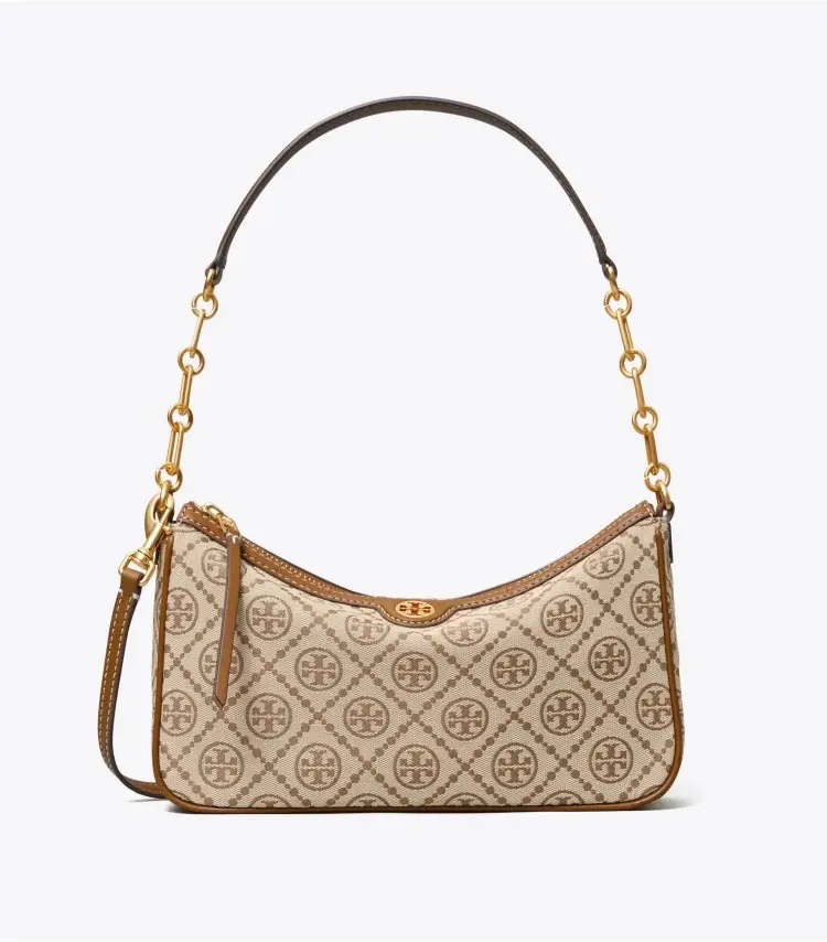 Tory Burch Lee Radziwill 16 shoulder bag beige canvas brown leather trim gold-tone hardware